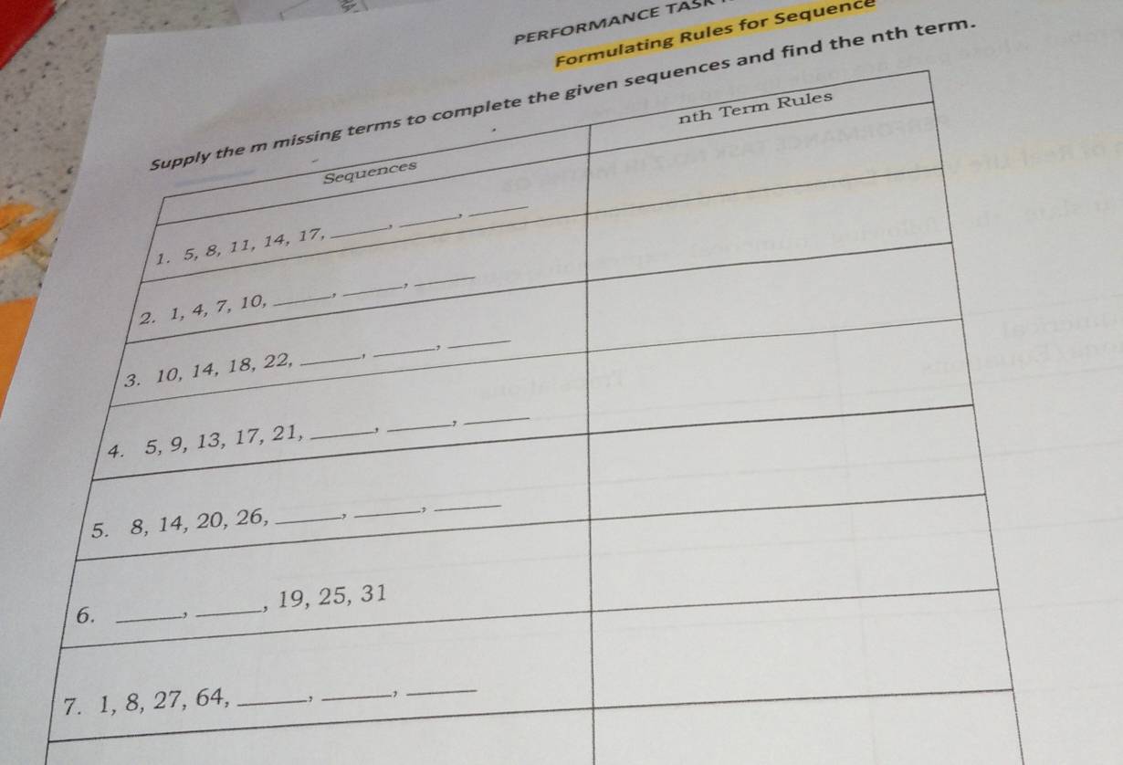 PERFORMANCE TASK 
lating Rules for Sequence 
nd the nth term.