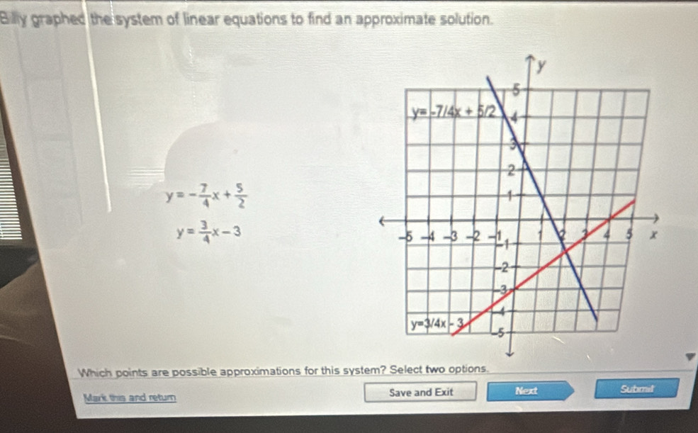 Billy graphed the system of linear equations to find an approximate solution.
y=- 7/4 x+ 5/2 
y= 3/4 x-3
Which points are possible approximations for this system? Select two options.
Mark this and return Save and Exit Next Submil