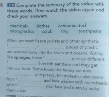 Complete the summary of the video with
these words. Then watch the video again and
check your answers.
chemicals clothes contaminated
microplastics scrub tiny toothpaste
When we wash fleece jackets and other synthetic
! _, ² _pieces of plastic
are washed away into the rivers and oceans. Acting
like sponges, these _pick up different
4 _. Then fish eat them and they get
into our food. Some foods like honey are now
5 _with plastic. Microplastics also come
from _and face washes with microbeads.
which 7_ your face and teeth to make
them clean.
spange (n): a sof t n