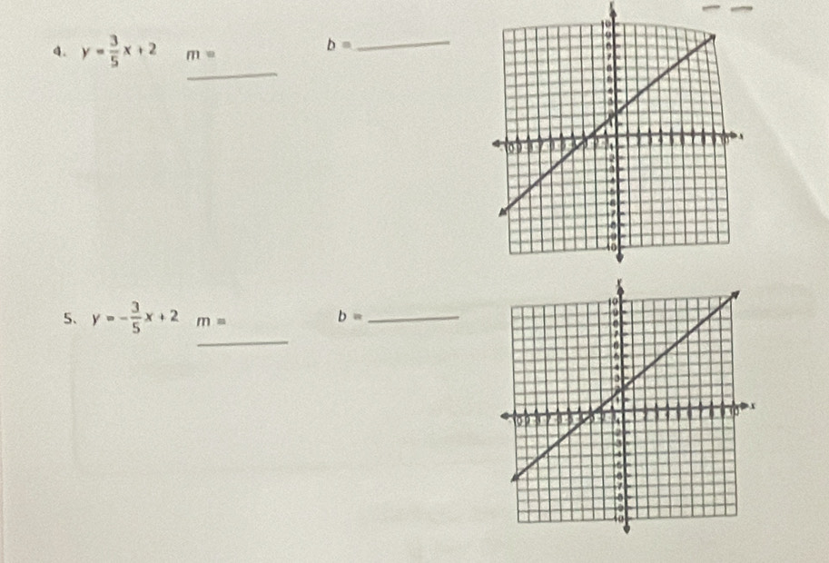 y= 3/5 x+2 m=
b=
_ 
_ 
5、 y=- 3/5 x+2m= b= _