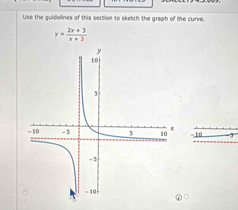 Use the guidelines of this section to sketch the graph of the curve.
y= (2x+3)/x+3 
3