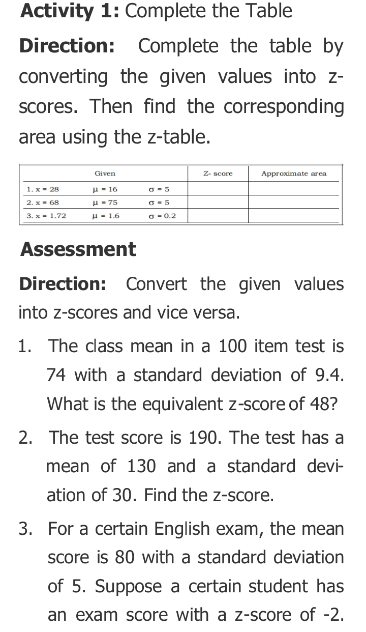 Activity 1: Complete the Table
Direction: Complete the table by
converting the given values into z-
scores. Then find the corresponding
area using the z-table.
Assessment
Direction: Convert the given values
into z-scores and vice versa.
1. The class mean in a 100 item test is
74 with a standard deviation of 9.4.
What is the equivalent z-score of 48?
2. The test score is 190. The test has a
mean of 130 and a standard devi-
ation of 30. Find the z-score.
3. For a certain English exam, the mean
score is 80 with a standard deviation
of 5. Suppose a certain student has
an exam score with a z-score of -2.