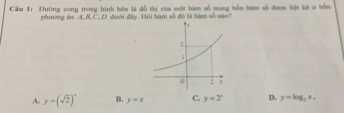 Đường cong trong hình bên là đồ thị của một hàm số trong bốn hàm số được liệt kê ở bốn
phương án A, B, C, D dưới đây. Hỏi hàm số đó là hàm số não?
C.
A. y=(sqrt(2))^x y=2^x D. y=log _2x.
B. y=x
