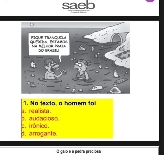 saeb
ade Amcón o Educaglio Essica
1. No texto, o homem foi
a. realista.
b. audacioso.
c. irônico.
d. arrogante.
O galo e a pedra preciosa