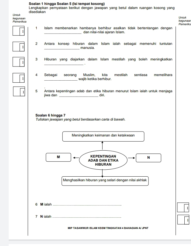 Soalan 1 hingga Soalan 5 (Isi tempat kosong) 
Lengkapkan pernyataan berikut dengan jawapan yang betul dalam ruangan kosong yang 
disediakan 
Untuk 
kegunaan Untuk 
Pemeriksa Pemeriks kegunaan 
1 Islam membenarkan hambanya berhibur asalkan tidak bertentangan dengan 
1 _dan nilai-nilai ajaran Islam. 
2 Antara konsep hiburan dalam Islam ialah sebagai memenuhi tuntutan 
1 _manusia. 
3 Hiburan yang diajarkan dalam Islam mestilah yang boleh meningkatkan 
1 
_. 
4 Sebagai seorang Muslim, kita mestilah sentiasa memelihara 
1 
_wajib ketika berhibur. 
1 5 Antara kepentingan adab dan etika hiburan menurut Islam ialah untuk menjaga 
jiwa dan _diri . 
Soalan 6 hingga 7
Tuliskan jawapan yang betul berdasarkan carta di bawah. 
6 M ialah_ 
1 
7 N ialah_ 
1 
MIP TASAWWUR ISLAM KSSM TINGKATAN 4 BAHAGIAN A/ JPNT