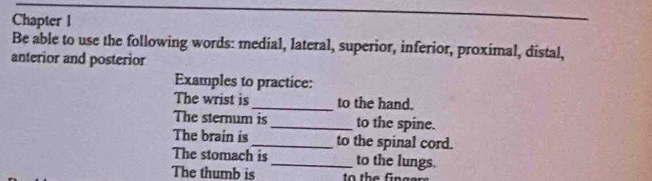 Chapter I 
Be able to use the following words: medial, lateral, superior, inferior, proximal, distal, 
anterior and posterior 
Examples to practice: 
The wrist is_ to the hand. 
The sternum is _to the spine. 
The brain is_ to the spinal cord. 
The stomach is _to the lungs. 
The thumb is t th e fin g ers