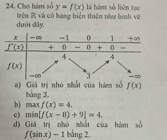 Cho hàm số y=f(x) là hàm số liên tục
trên R và có bảng biển thiên như hình vẽ
dưới đây.
a) Giá trị nhỏ nhất của hám số f(x)
bằng 3.
b) max f(x)=4.
c) min [f(x-8)+9]=4.
d) Giá trị nhỏ nhất của hàm số
f(sin x)-1 bằng 2.