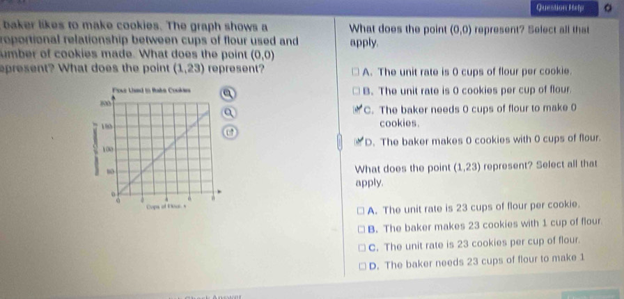 Question Help 。
baker likes to make cookies. The graph shows a What does the point (0,0) represent? Select all that
roportional relationship between cups of flour used and apply.
umber of cookies made. What does the point (0,0)
epresent? What does the point (1,23) represent? A. The unit rate is 0 cups of flour per cookie.
B. The unit rate is 0 cookies per cup of flour.
C. The baker needs 0 cups of flour to make 0
cookies.
D. The baker makes 0 cookies with 0 cups of flour.
What does the point (1,23) represent? Select all that
apply.
A. The unit rate is 23 cups of flour per cookie.
B. The baker makes 23 cookies with 1 cup of flour.
C. The unit rate is 23 cookies per cup of flour.
D. The baker needs 23 cups of flour to make 1