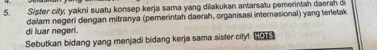 Sister city, yakni suatu konsep kerja sama yang dilakukan antarsatu pemerintah daerah di 
dalam negeri dengan mitranya (pemerintah daerah, organisasi internasional) yang terletak 
di luar negeri. 
Sebutkan bidang yang menjadi bidang kerja sama sister city! Os