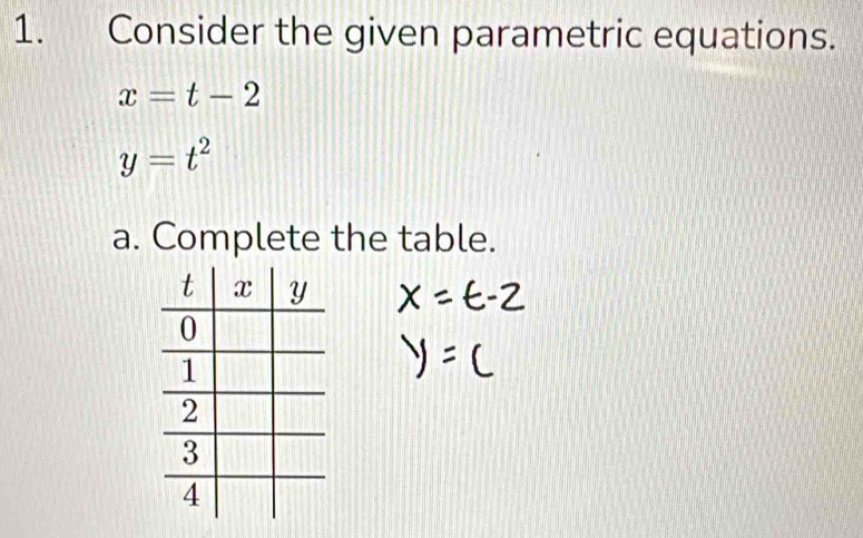 Consider the given parametric equations.
x=t-2
y=t^2
a. Complete the table.