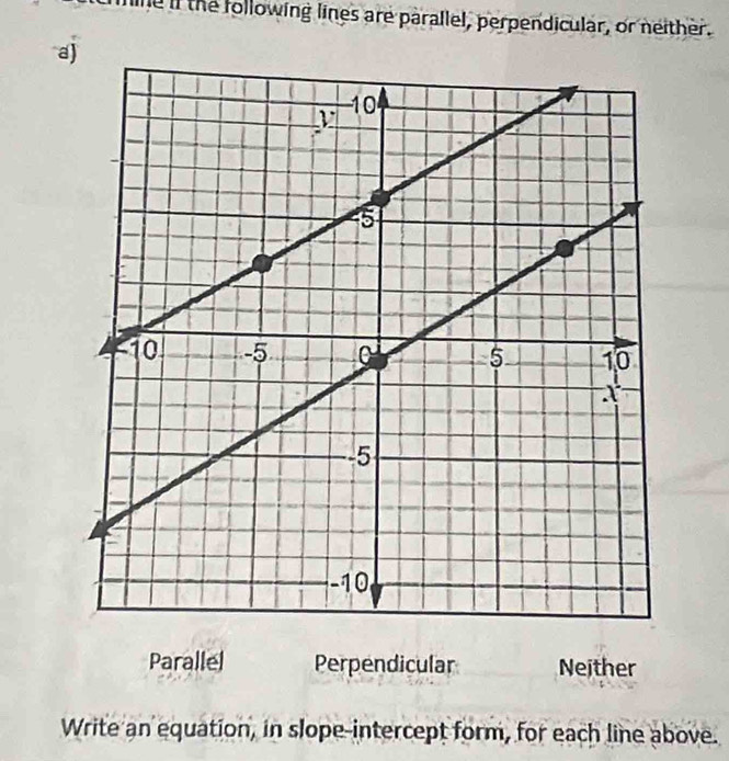 he if the following lines are parallel, perpendicular, or neither.
a
Parallel Perpendicular Neither
Write an equation, in slope-intercept form, for each line above.