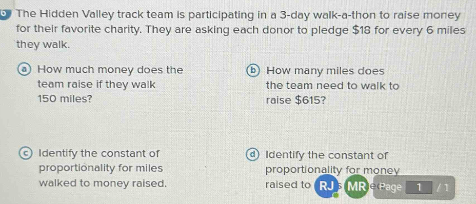 The Hidden Valley track team is participating in a 3-day walk-a-thon to raise money 
for their favorite charity. They are asking each donor to pledge $18 for every 6 miles
they walk. 
How much money does the b) How many miles does 
team raise if they walk the team need to walk to
150 miles? raise $615? 
Identify the constant of d Identify the constant of 
proportionality for miles proportionality for money 
walked to money raised. raised to a MRie Page 1 /1