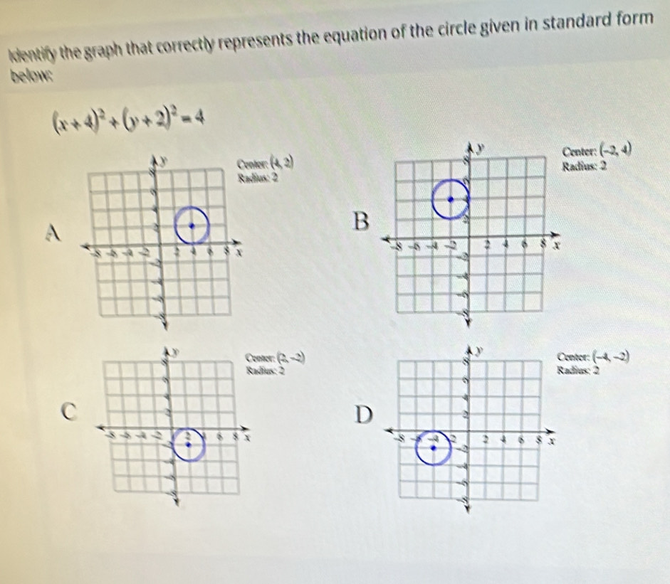 dentify the graph that correctly represents the equation of the circle given in standard form 
below:
(x+4)^2+(y+2)^2=4
ter: (4,2) entor: (-2,4)
adius: 2
dius: 2
A
B
ter: (2,-2) entor: (-4,-2)
adius: 2
ius: 2
C
D