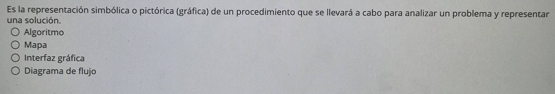 Es la representación simbólica o pictórica (gráfica) de un procedimiento que se llevará a cabo para analizar un problema y representar
una solución.
Algoritmo
Mapa
Interfaz gráfica
Diagrama de flujo