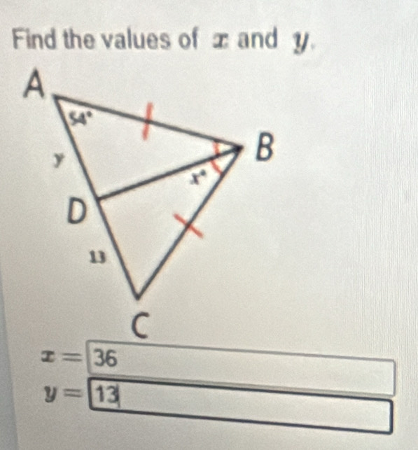 Find the values of x and y.
x= 36
y=13