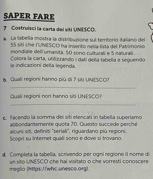 SAPER FARE 
7 Costruisci la carta dei siti UNESCO. 
a. La tabella mostra la distribuzione sul territorio italiano dei
55 siti che l’UNESCO ha inserito nella lista del Patrimonio 
mondiale dell’umanità. 50 sono culturali e 5 naturali. 
Colora la carta, utilizzando i dati della tabella e seguendo 
le indicazioni della legenda. 
b. Quali regioni hanno più di 7 siti UNESCO? 
_ 
Quali regioni non hanno siti UNESCO? 
_ 
c. Facendo la somma dei siti elencati in tabella superiamo 
abbondantemente quota 70. Questo succede perché 
alcuni siti, definiti “seriali”, riguardano più regioni. 
Scopri su Internet quali sono e dove si trovano. 
d. Completa la tabella, scrivendo per ogni regione il nome di 
un sito UNESCO che hai visitato o che vorresti conoscere 
meglio (https://whc.unesco.org).