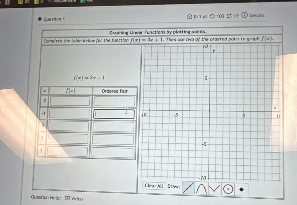 GL MyopenMat
Question 1  0/1 pt つ 100 2 19 Details
Graphing Linear Functions by plotting points.
Complete the table below for the function f(x)=3x+1. Then use two of the ordered pairs to graph f(x).
f(x)=3x+1
Clear All Draw:
Question Help: Video