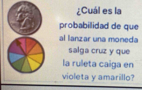 ¿Cuál es la 
probabilidad de que 
al lanzar una moneda 
salga cruz y que 
la ruleta caiga en 
violeta y amarillo?