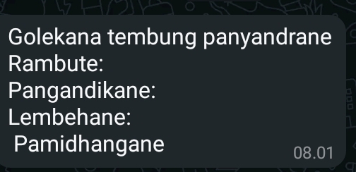 Golekana tembung panyandrane 
Rambute: 
Pangandikane: 
Lembehane: 
Pamidhangane 
08.01