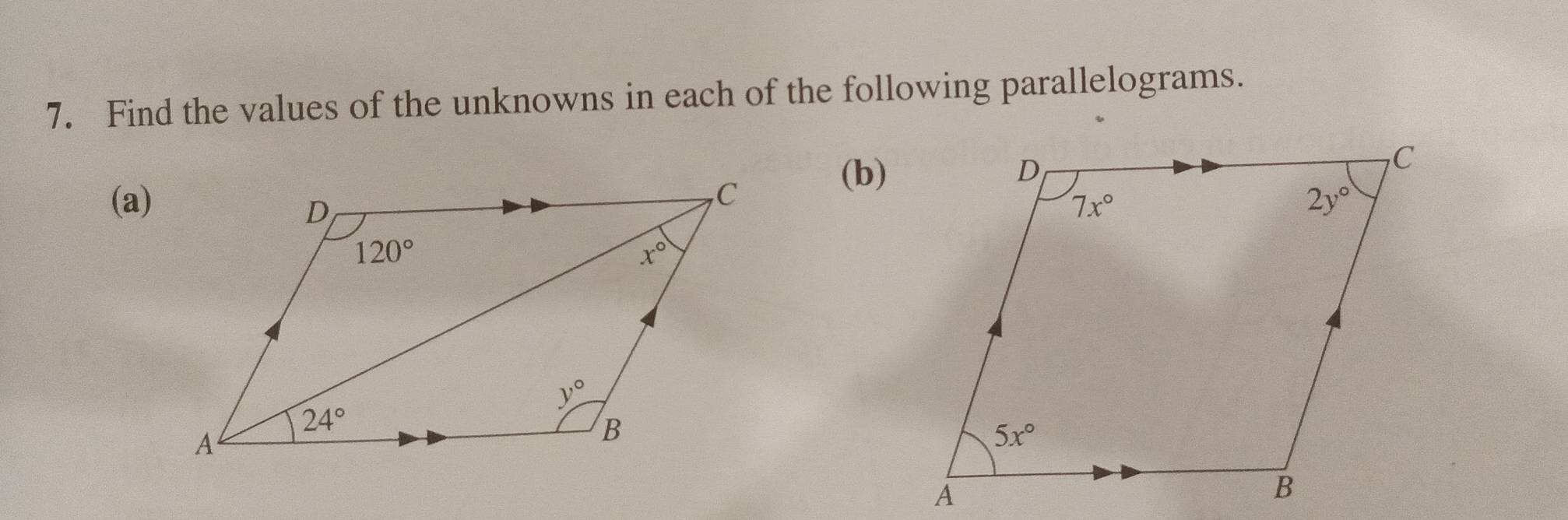 Find the values of the unknowns in each of the following parallelograms.
(b)
(a)