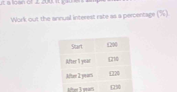 a loan of 2 200. it gauners sm 
Work out the annual interest rate as a percentage (%). 
After 3 years