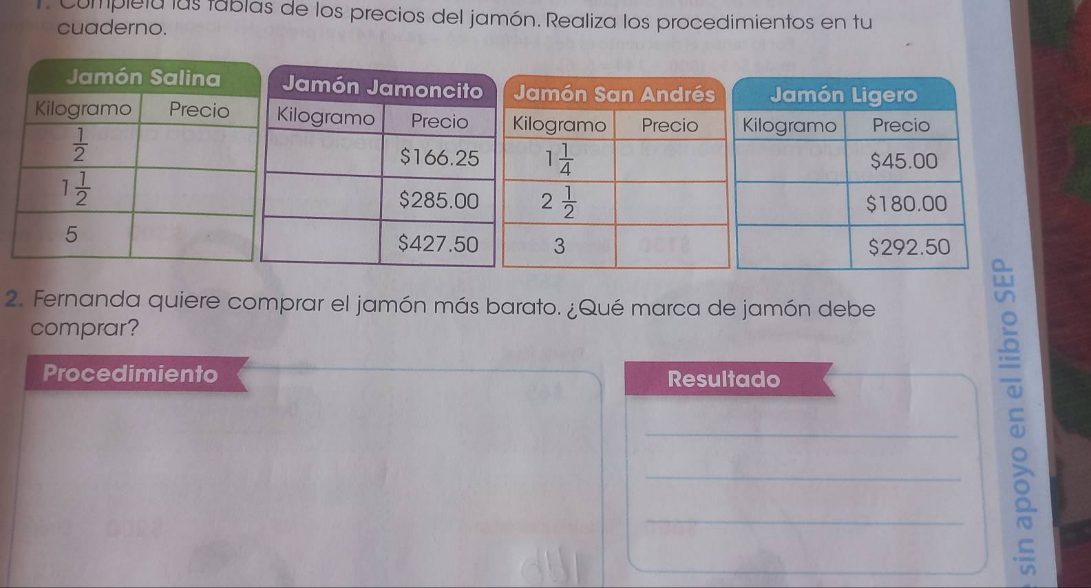 Compiela las fablas de los precios del jamón. Realiza los procedimientos en tu
cuaderno.
2. Fernanda quiere comprar el jamón más barato. ¿Qué marca de jamón debe
comprar?
Procedimiento Resultado
___5