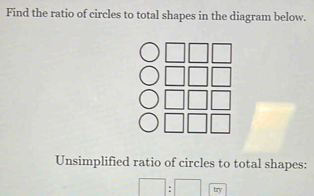 Solved: Find the ratio of circles to total shapes in the diagram below ...