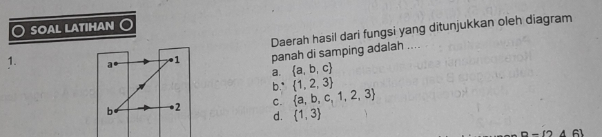 soal latihan
Daerah hasil dari fungsi yang ditunjukkan oleh diagram
1.
a
1
panah di samping adalah ....
a.  a,b,c
b.*  1,2,3
b 2
C.  a,b,c,1,2,3
d.  1,3
D-(2) 6