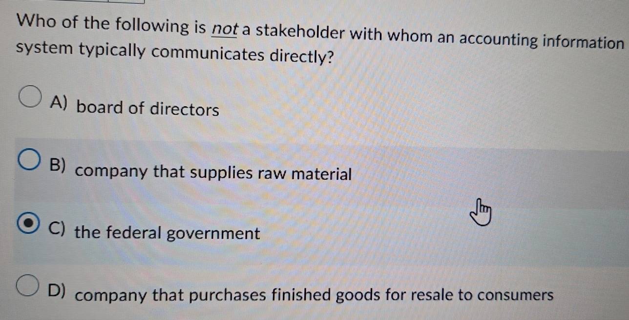 Who of the following is not a stakeholder with whom an accounting information
system typically communicates directly?
A) board of directors
B) company that supplies raw material
C) the federal government
D) company that purchases finished goods for resale to consumers