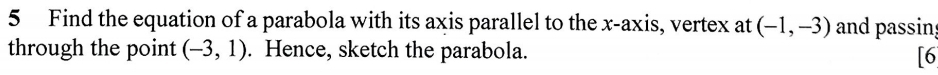 Find the equation of a parabola with its axis parallel to the x-axis, vertex at (-1,-3) and passin; 
through the point (-3,1). Hence, sketch the parabola. 
[6