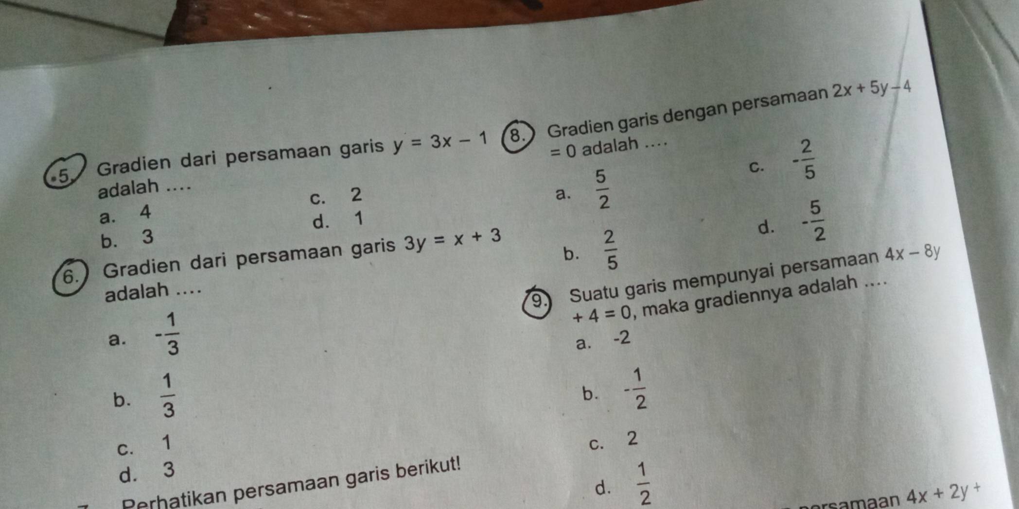 Gradien dari persamaan garis y=3x-1 8. Gradien garis dengan persamaan 2x+5y-4
=0 adalah ....
C. - 2/5 
adalah ....
a. 4 c. 2
a.  5/2 
b. 3 d. 1
d. - 5/2 
6. Gradien dari persamaan garis 3y=x+3
b.  2/5 
9) Suatu garis mempunyai persamaan 4x-8y
adalah ....
+4=0 , maka gradiennya adalah ....
a. - 1/3  a. -2
b.  1/3 
b. - 1/2 
c. 1 c. 2
d. 3
d.  1/2 
Perhatikan persamaan garis berikut!
rsamaan 4x+2y+