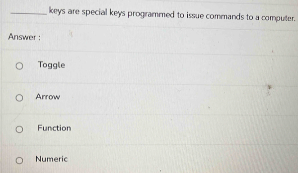 keys are special keys programmed to issue commands to a computer.
Answer :
Toggle
Arrow
Function
Numeric