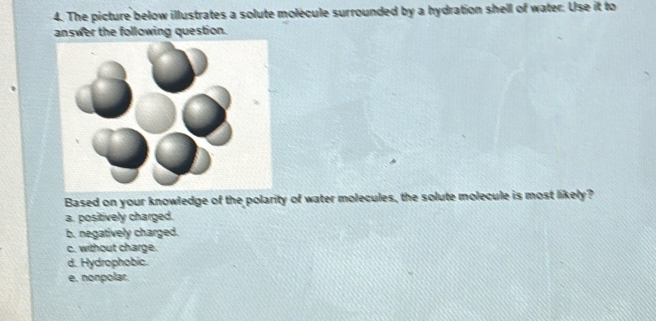 The picture below illustrates a solute molécule surrounded by a hydration shell of water. Use it to
answer the following question.
Based on your knowledge of the polarity of water molecules, the solute molecule is most likely?
a. positively charged.
b. negatively charged.
c. without charge.
d. Hydrophobic.
e. nonpolar.