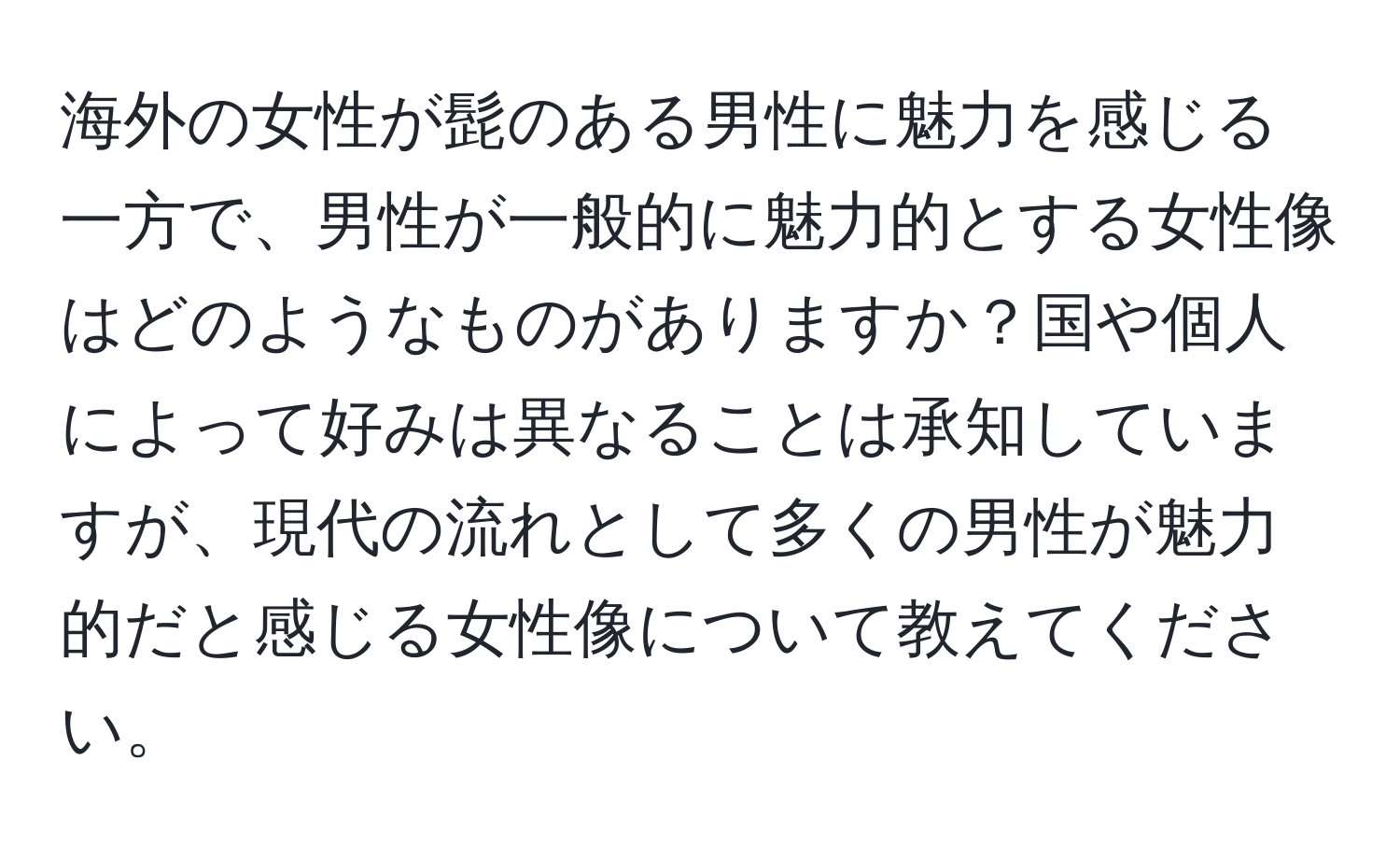 海外の女性が髭のある男性に魅力を感じる一方で、男性が一般的に魅力的とする女性像はどのようなものがありますか？国や個人によって好みは異なることは承知していますが、現代の流れとして多くの男性が魅力的だと感じる女性像について教えてください。