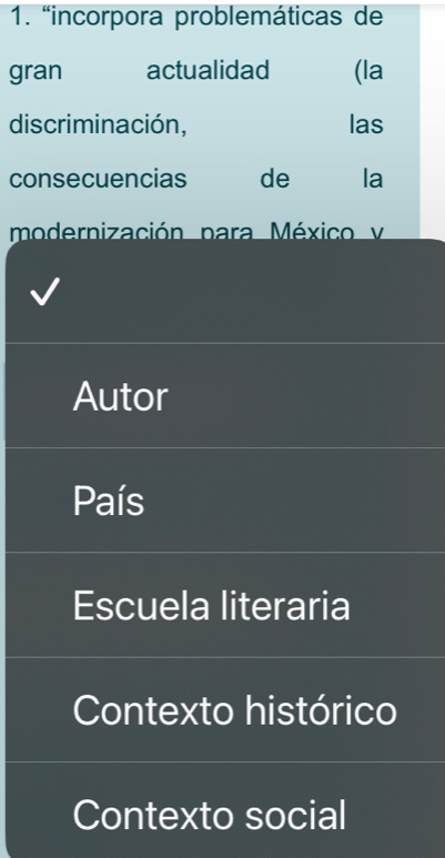 “incorpora problemáticas de
gran actualidad (la
discriminación, las
consecuencias de la
modernización para México v
Autor
País
Escuela literaria
Contexto histórico
Contexto social