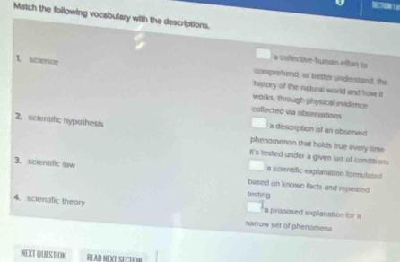 SECHONTA
Match the following vocabulary with the descriptions.
1 science
a collective human eftan to
comprehend, or better understand, the
history of the natural world and how it
works, through physical evidence
collected via observations
2. scientific hypothesis
a description of an observed
phenomenon that holds true every lime
It's tested under a given set of condition
a scientific explanation tormulated
3. scientific law based on known facts and repeated
testing
a proposed explanation for a
4.scientific theory narrow set of phenamena
NEXT QUESTION READ NEXT SECTION