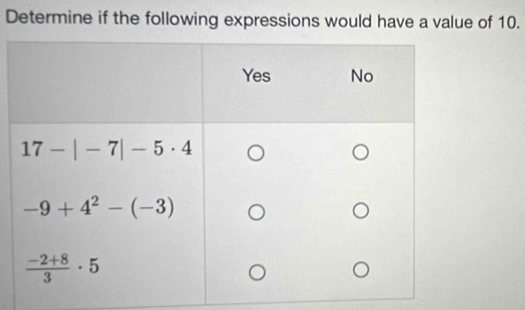 Determine if the following expressions would have a value of 10.