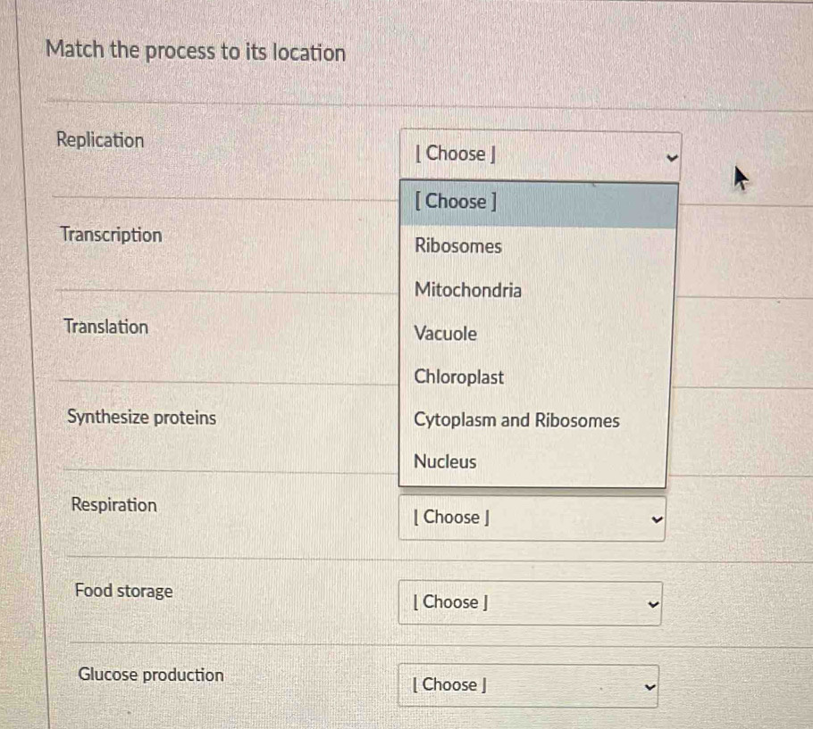 Match the process to its location