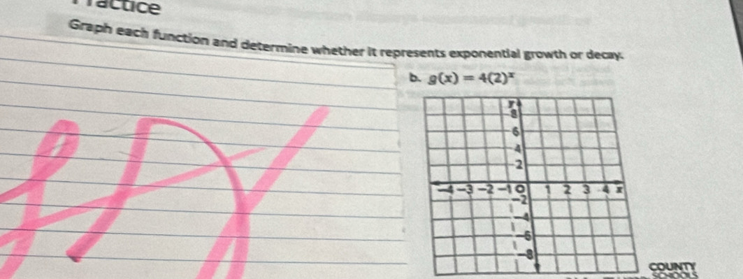 ractice 
Graph each function and determine whether it represents exponential growth or decay. 
b. g(x)=4(2)^x
COUNT