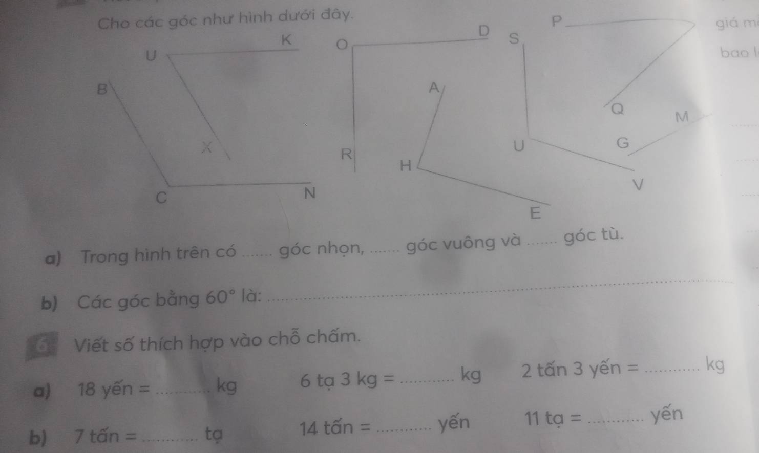 Cho các góc như hình dưới đây. 
giá m 
bao l 
A
H
a) Trong hình trên có _góc nhọn, ....... góc vuông và _góc tù. 
b) Các góc bằng 60° là: 
_ 
Viết số thích hợp vào chỗ chấm. 
a) 18 yến = _ kg 6 tạ 3 kg = _ kg 2 tấn 3 yến =_
kg
b) 7 tấn =_  tạ 14 tấn =_ 
yến 11 tạ = _yến