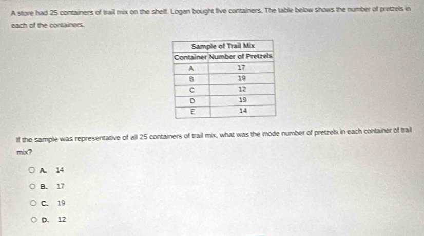 A store had 25 containers of trail mix on the shelf. Logan bought five containers. The table below shows the number of pretzels in
each of the containers.
If the sample was representative of all 25 containers of trail mix, what was the mode number of pretzels in each container of trail
mix?
A. 14
B. 17
C. 19
D. 12