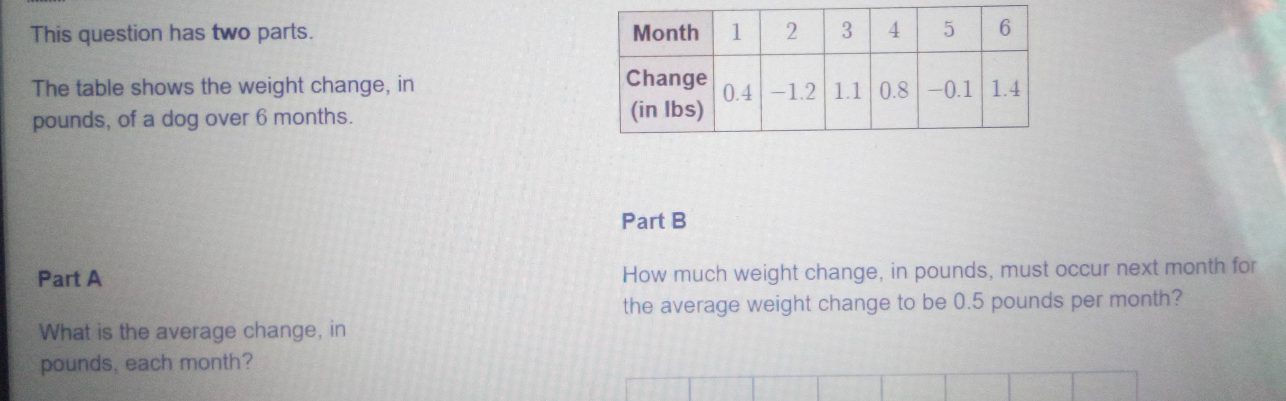 This question has two parts. 
The table shows the weight change, in
pounds, of a dog over 6 months. 
Part B 
Part A How much weight change, in pounds, must occur next month for 
the average weight change to be 0.5 pounds per month? 
What is the average change, in
pounds, each month?