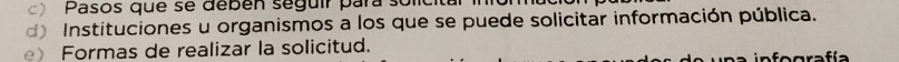 Pasos que se debén seguir para s 
d) Instituciones u organismos a los que se puede solicitar información pública. 
e) Formas de realizar la solicitud. 
in fografía