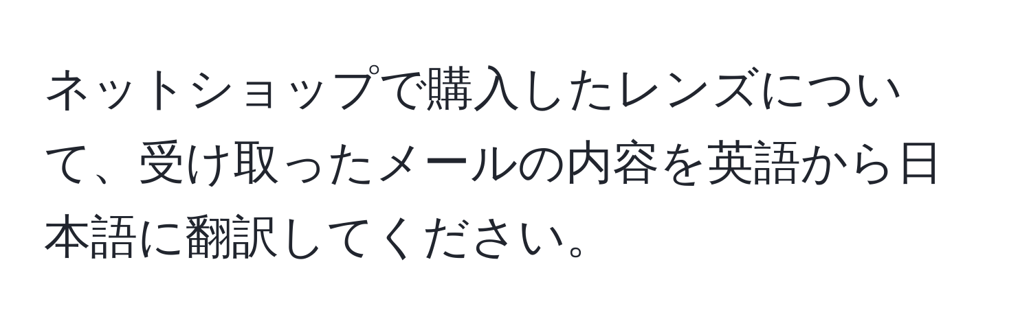 ネットショップで購入したレンズについて、受け取ったメールの内容を英語から日本語に翻訳してください。