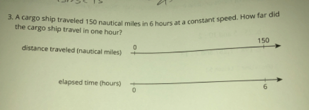 A cargo ship traveled 150 nautical miles in 6 hours at a constant speed. How far did
the cargo ship travel in one hour?
150
distance traveled (nautical miles)
elapsed time (hours)
。
6