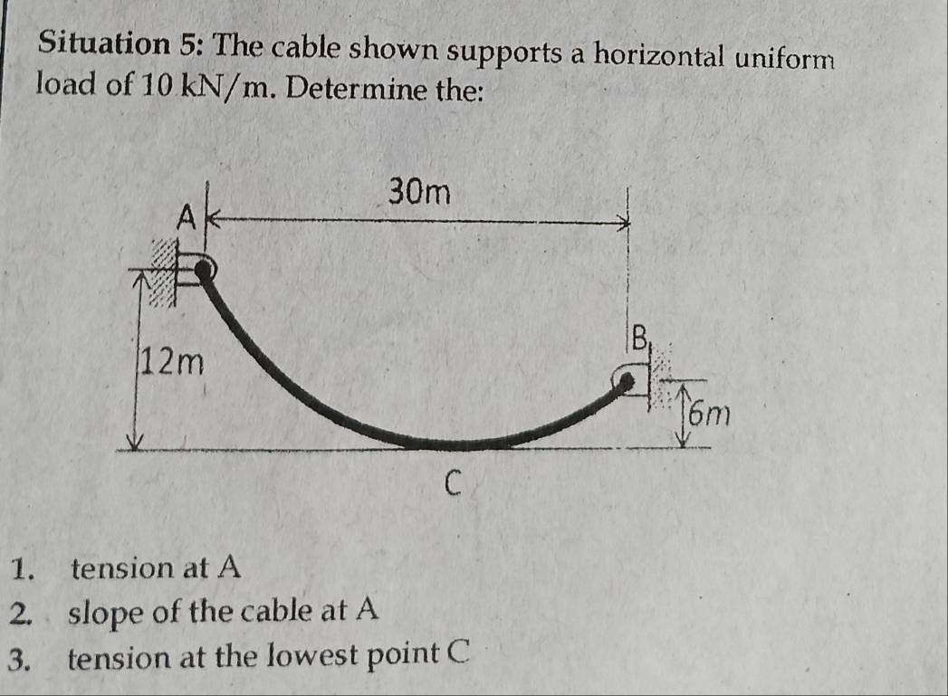 Situation 5: The cable shown supports a horizontal uniform 
load of 10 kN/m. Determine the: 
1. tension at A
2. slope of the cable at A
3. tension at the lowest point C