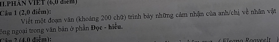 II.PHÀN VIΕT (6,0 điểm) 
Câu 1 (2,0 điểm): 
Viết một đoạn văn (khoảng 200 chữ) trình bày những cảm nhận của anh/chị về nhân vật 
ông ngoại trong văn bản ở phần Đọc - hiểu. 
Câu 2 (4.0 điểm): 
( Fleano Rooveelt)