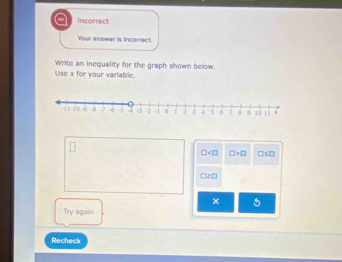 a Incorrect
Your answer is incorrect.
Write an inequality for the graph shown below.
Use x for your variable.
□ □ >□ □ ≤ □
□ ≥ □
×
Try again
Recheck