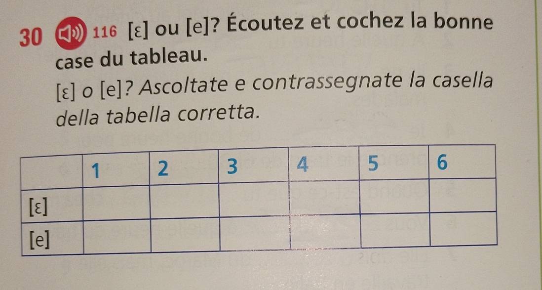 30 で 116 [ε] ou [e]? Écoutez et cochez la bonne 
case du tableau. 
[ε] o [e]? Ascoltate e contrassegnate la casella 
della tabella corretta.