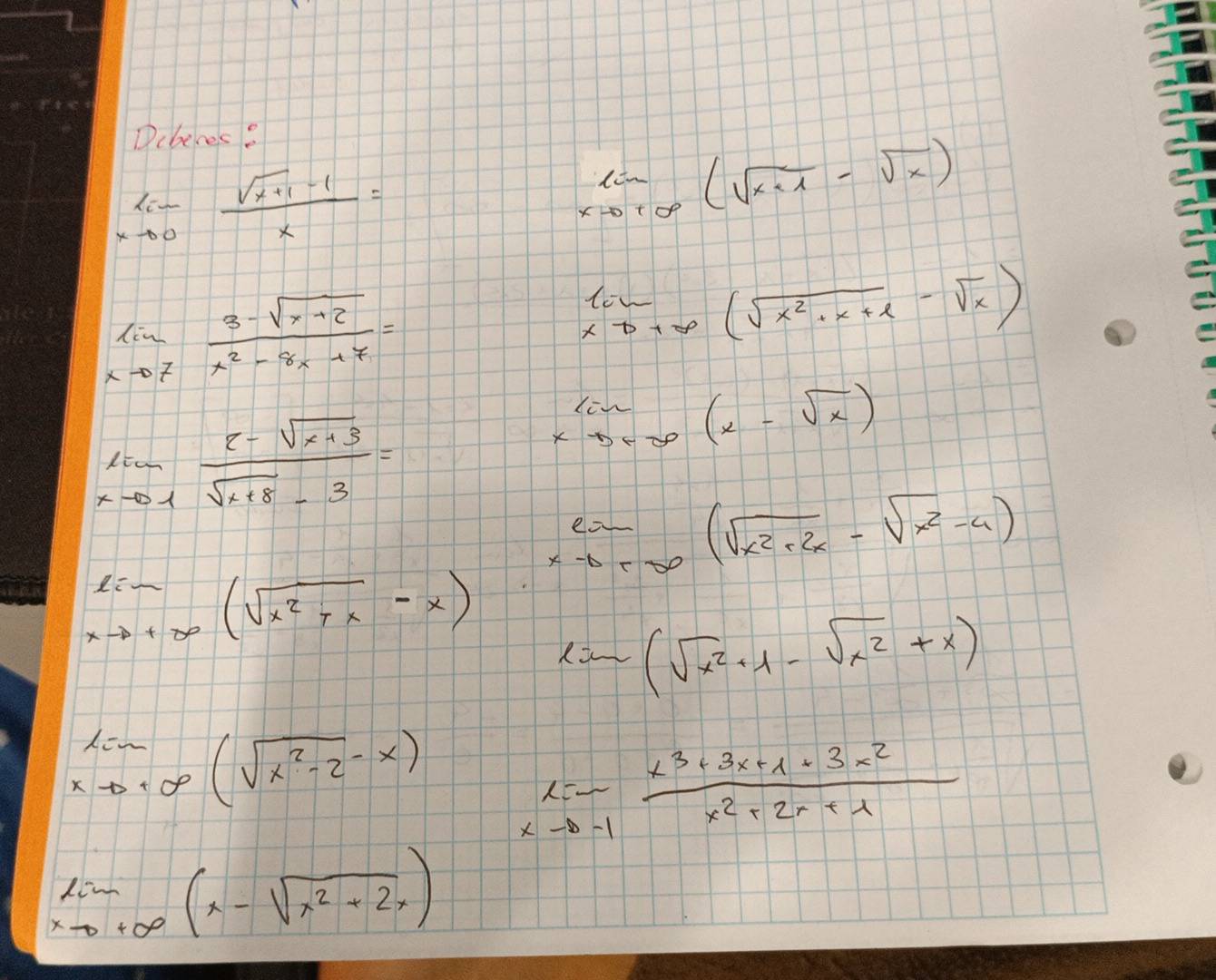 Dcberes
limlimits _xto 0 (sqrt(x+1)-1)/x =
limlimits _xto +∈fty (sqrt(x+1)-sqrt(x))
limlimits _xto 7 (8-sqrt(x+2))/x^2-8x+7 =
lim _xto +∈fty (sqrt(x^2+x+1)-sqrt(x))
limlimits _xto -1 (8-sqrt(x+3))/sqrt(x+8)-3 =
lim _xto +∈fty (x-sqrt(x))
limlimits _xto +∈fty (sqrt(x^2+2x)-sqrt(x^2)-4)
limlimits _xto +∈fty (sqrt(x^2+x)-x) ln (sqrt(x^2+1)-sqrt(x^2)+x)
limlimits _xto +∈fty (sqrt(x^2-2)-x) limlimits _xto -1 (x^3+3x+lambda +3x^2)/x^2+2x+lambda  
limlimits _xto +∈fty (x-sqrt(x^2+2x))